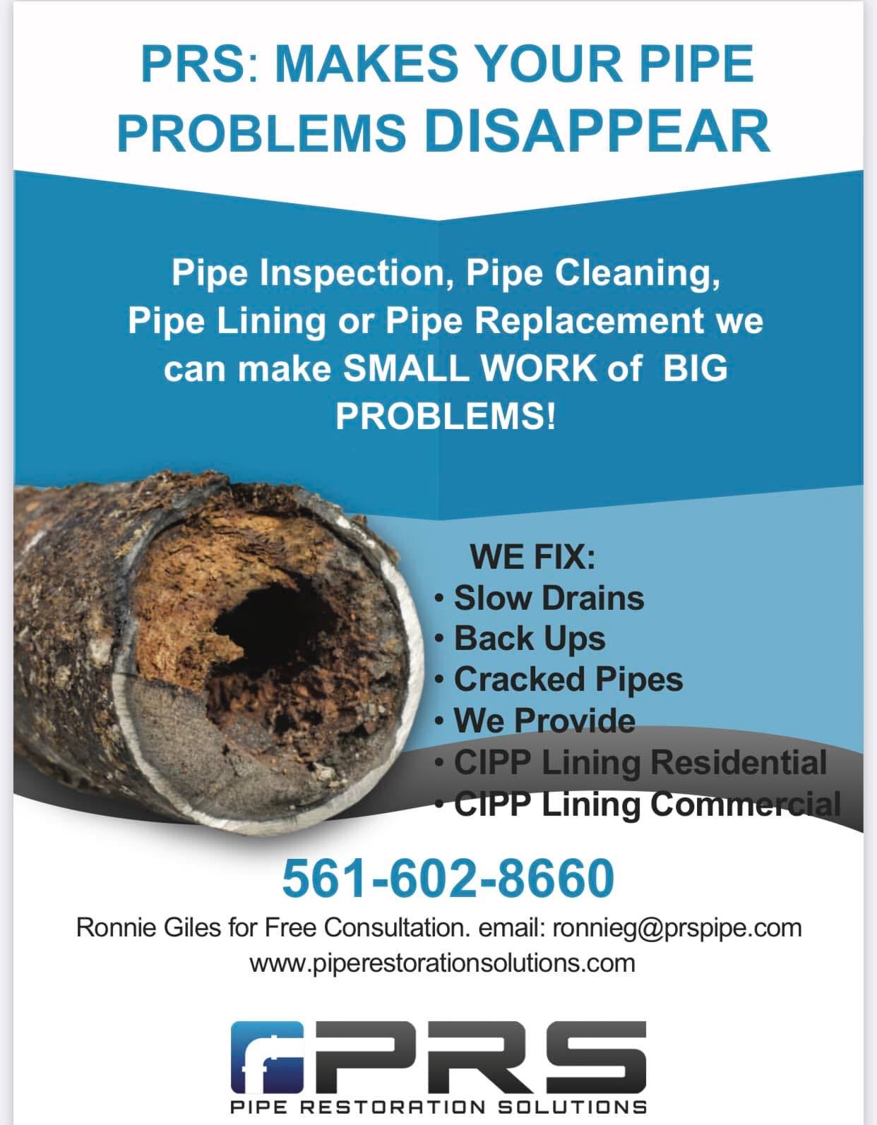 Problem with a Pipe in the Lower 48 call Me Ronnie-G “The Pipe Guy” Call or Text Ron Giles at 561-602-8660 or email ronnieg@prspipe.com