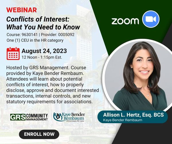 August 24th at 12 Noon Est, Allison Hertz, Esq., BCS will teach “Conflicts of Interest: What You Need to Know” in this webinar