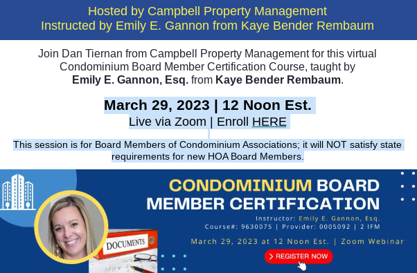 Condominium Board Member Certification Course, taught by  Emily E. Gannon, Esq. from Kaye Bender Rembaum.