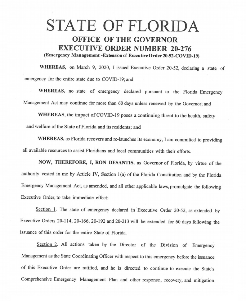 Governor DeSantis has Extended the Florida State of Emergency for 60-Days from November 3rd, 2020