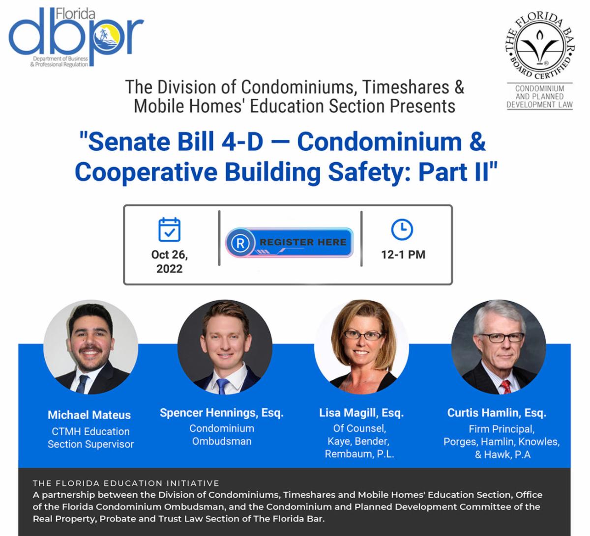 Join Lisa Magill & others | DBPR webinar on Senate Bill 4-D and Building Safety