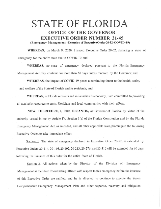 GOVERNOR DESANTIS EXTENDS STATE OF EMERGENCY FOR ANOTHER 60 DAYS ON FEBRUARY 26TH, 2021